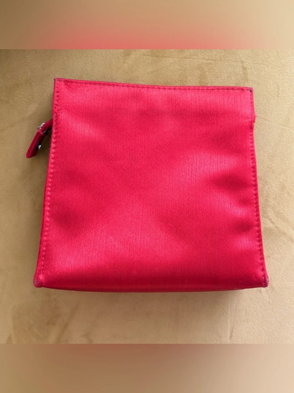YSL Parfums Red Satin Cosmetic Makeup Bag Zip Travel Pouch Vanity Case